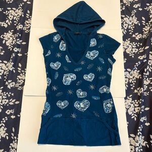 Vintage Y2k Blue V-Kneck Diamond Heart‎ Top with hood & Kangaroo Pockets Small